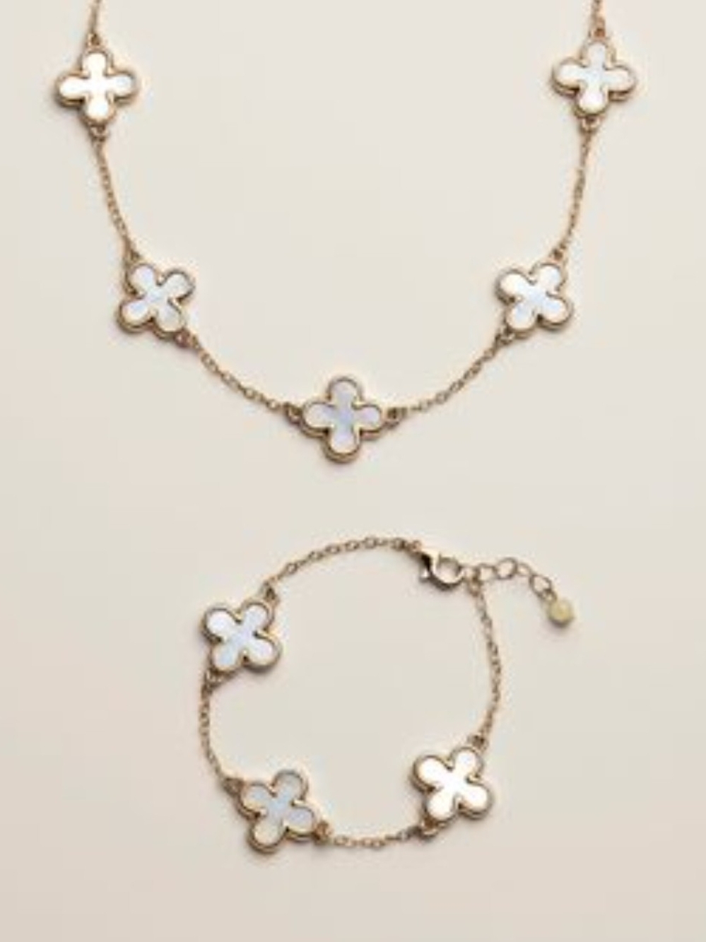 Gold-Tone Necklace and Bracelet Set with White Clover Accents